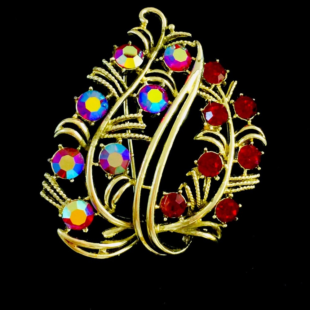 Vintage Crystal Large Leaf Brooch